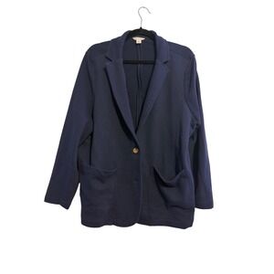 CASLON Womens 1X Navy Textured Knit Blazer Jacket Button Front Pockets